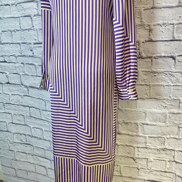 Mango (MNG) Satin Purple & Cream Striped Wrap Dress. Mid Length. Size 8. - Picture 12 of 15